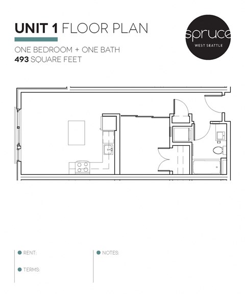 Floor plan for 1 bed, 1 bath, 493 sqft